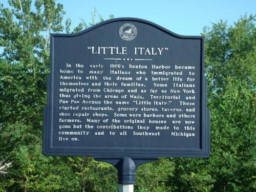 Historical marker about "Little Italy" in Benton Harbor, highlighting Italian immigration and community contributions.