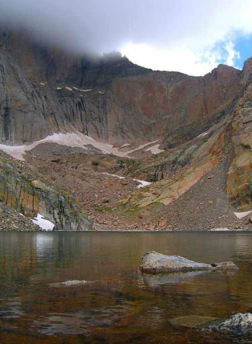 A serene mountain landscape with a calm lake, rocky cliffs, and a cloudy sky reflecting on the water's surface.