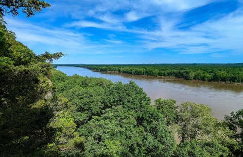 A scenic view of a river winding through lush green trees under a bright blue sky with scattered clouds.