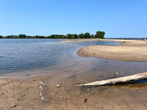 A sandy shoreline with calm water, trees in the background, and a clear blue sky on a sunny day.