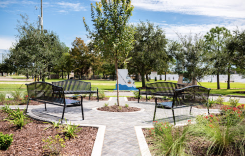 A peaceful park area with benches, a small tree, and landscaped gardens under a clear blue sky.