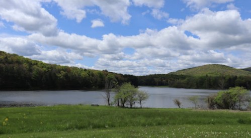 A serene lake surrounded by lush greenery and rolling hills under a partly cloudy sky.