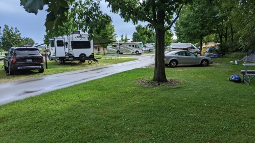 A grassy campsite with parked RVs and cars, surrounded by trees under a cloudy sky.