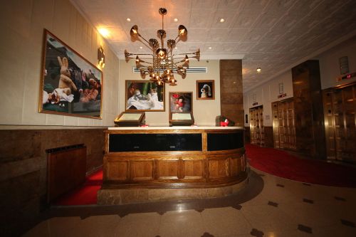 Elegant hotel lobby with a wooden reception desk, chandeliers, and framed artwork on the walls. Red carpet and elevators visible.