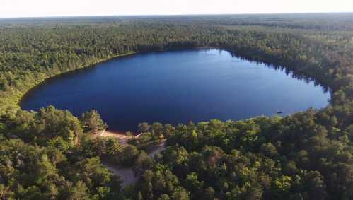 Aerial view of a circular lake surrounded by dense green forest under a clear blue sky.