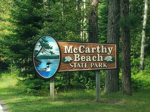 Sign for McCarthy Beach State Park featuring a loon and surrounded by trees.