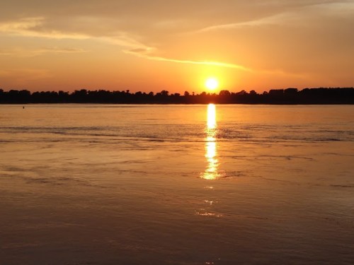 A serene sunset over a calm river, with golden hues reflecting on the water's surface.