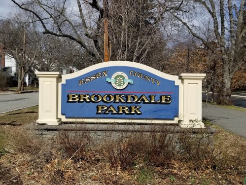 Sign for Brookdale Park in Essex County, featuring blue and gold lettering against a natural backdrop.