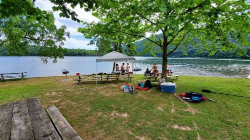 A group of people relax under a tent by a lake, with picnic supplies and trees in the background.
