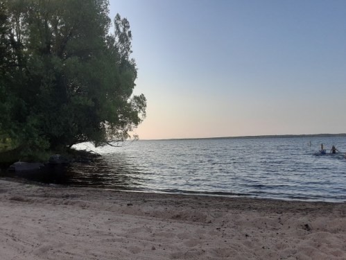 A serene lakeside view with a sandy shore, trees, and calm water under a clear sky at sunset.
