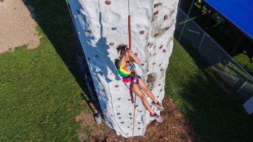 A child in a colorful shirt climbs a rock wall, suspended by a harness, with a grassy area and playground in the background.