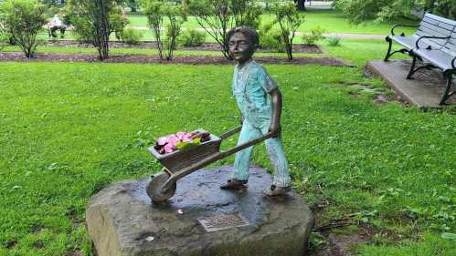 A bronze statue of a child pushing a wheelbarrow filled with flowers, set in a green park.