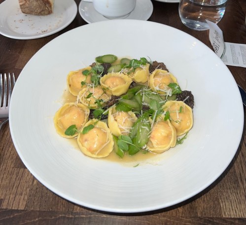 A plate of ravioli filled with orange filling, topped with greens and grated cheese in a light broth.