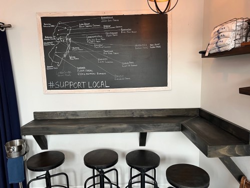 A chalkboard map highlighting local businesses with a hashtag #SUPPORTLOCAL, next to a wooden counter and stools.