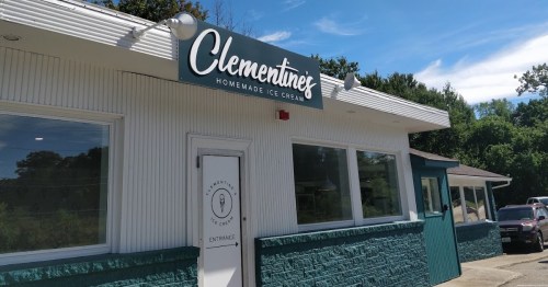 Exterior of Clementine's Homemade Ice Cream shop, featuring a sign and a welcoming entrance.