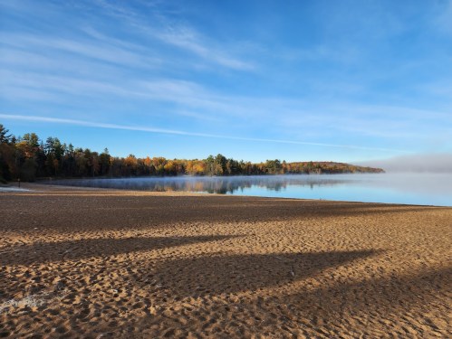 A serene beach scene with golden sand, calm water, and trees reflecting autumn colors under a clear blue sky.