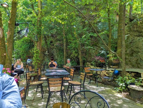 A serene outdoor café surrounded by lush greenery and trees, with empty tables and a few patrons enjoying the atmosphere.