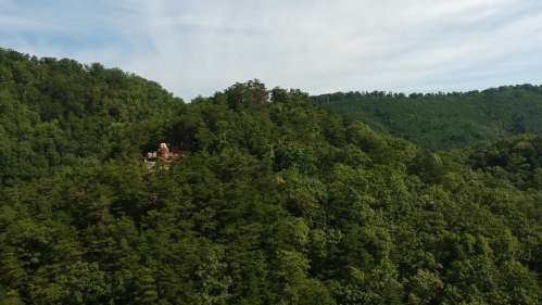 Aerial view of a lush green forested hillside with distant mountains under a clear sky.