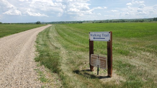 A gravel walking trail sign points left, surrounded by lush green grass and a clear blue sky with scattered clouds.