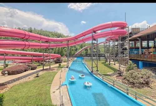 A water park scene featuring pink water slides and a lazy river with people floating, surrounded by greenery and buildings.