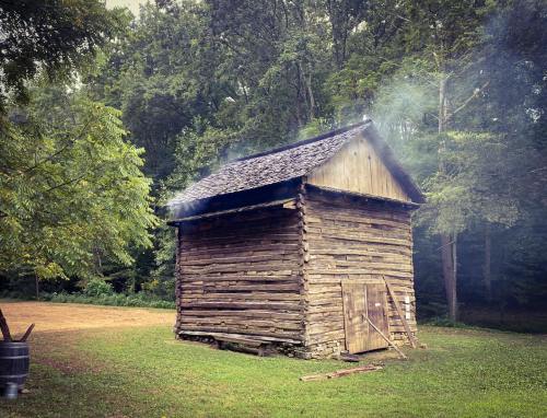 A rustic wooden cabin with a sloped roof, surrounded by trees, with smoke rising from the chimney.