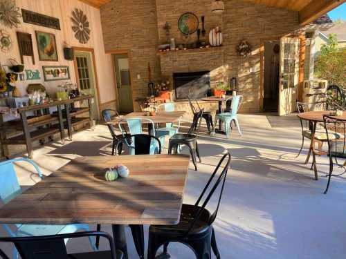 A cozy indoor space with wooden tables, metal chairs, and a stone fireplace, decorated with plants and rustic decor.