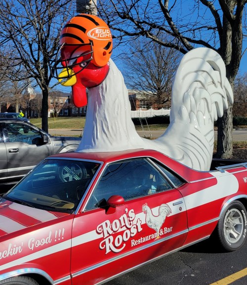 A car with a giant chicken head and helmet on top, parked outside with trees in the background.