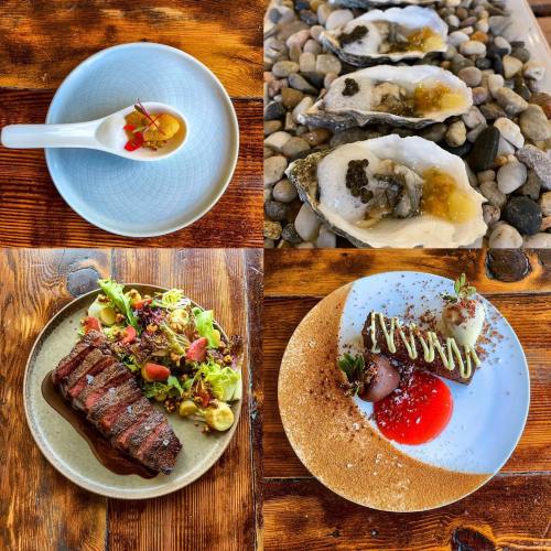 A collage of gourmet dishes: a spoon with caviar, fresh oysters, a steak salad, and a dessert with sauce and berries.
