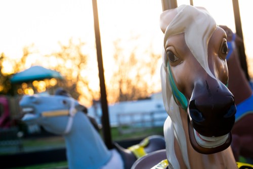 Close-up of a colorful carousel horse with a sunset in the background, highlighting its cheerful expression.