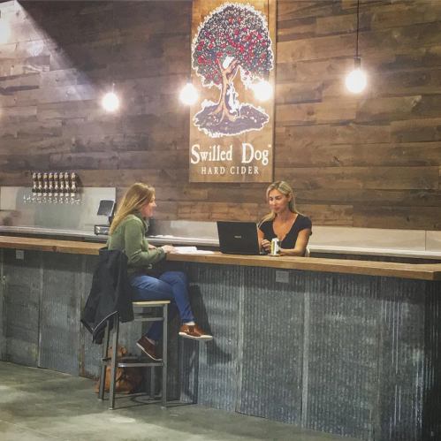 Two women at a bar in a cider house, one working on a laptop and the other serving a drink, with a tree logo in the background.