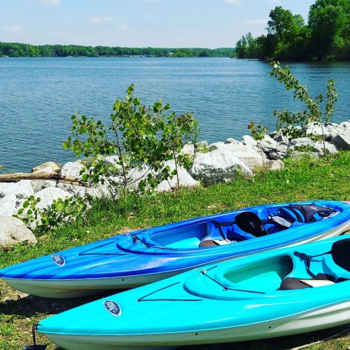 Two colorful kayaks sit on the shore by a calm river, surrounded by greenery and trees under a clear blue sky.