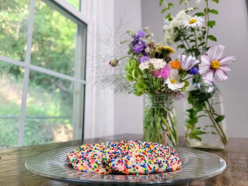 A plate of colorful sprinkle cookies in front of a vase of fresh flowers by a window.
