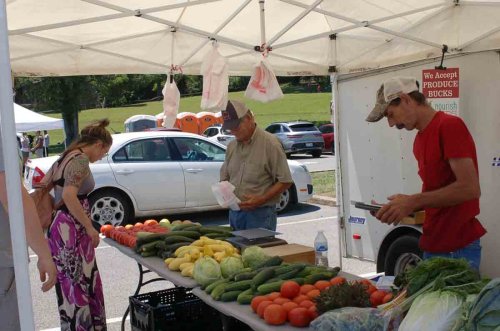 A farmer's market scene with a vendor and two customers examining fresh vegetables under a tent.