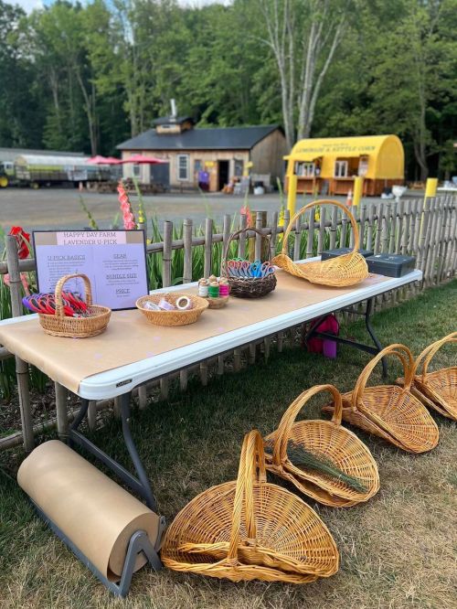 A table with baskets and craft supplies set up outdoors, with a rustic building and trees in the background.
