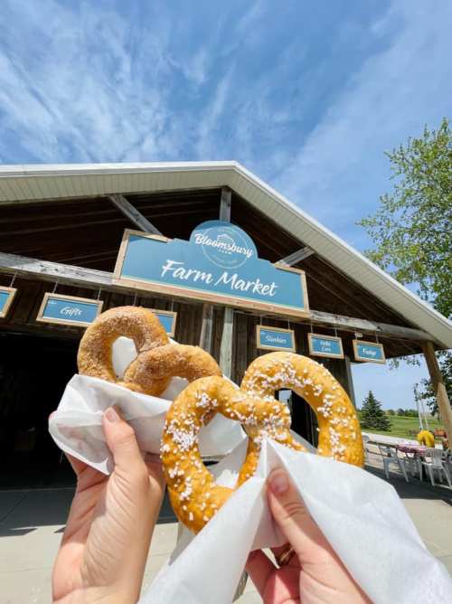 Two hands hold soft pretzels in front of a farm market building with a blue sky above.