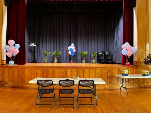 A stage with a dark curtain, decorated with pink and blue balloons, potted plants, and a table with chairs in front.
