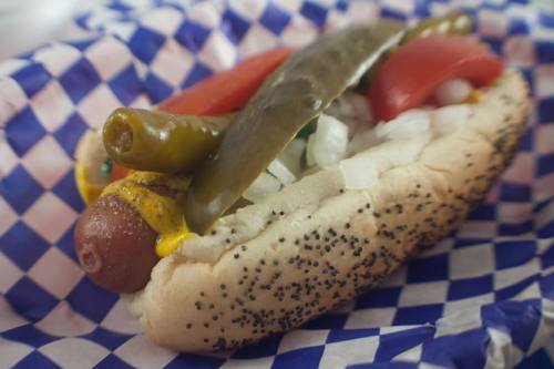 A close-up of a hot dog in a poppy seed bun, topped with mustard, onions, tomatoes, and pickles, on blue checkered paper.