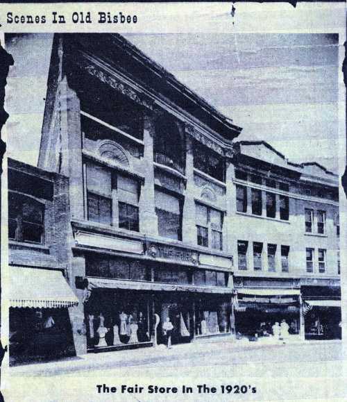 Black and white photo of The Fair Store in Bisbee, Arizona, from the 1920s, showcasing historic architecture.