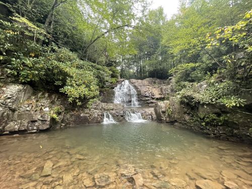 A serene waterfall cascades into a clear pool, surrounded by lush greenery and rocky terrain.