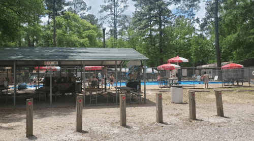 A pool area with shaded seating, umbrellas, and people enjoying the water on a sunny day surrounded by trees.