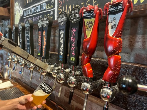 A bar tap with various beer handles and a glass of beer being poured, featuring a playful red lobster handle.