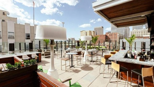 A rooftop terrace with modern furniture, plants, and city skyline views under a clear blue sky.