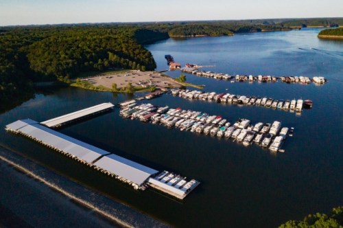 Aerial view of a marina with numerous boats docked, surrounded by lush green hills and calm water.
