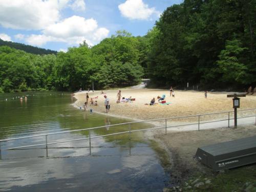 A sandy beach by a calm lake surrounded by trees, with people sunbathing and swimming on a sunny day.