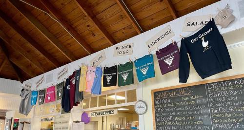 A wall display featuring various t-shirts and signs for sandwiches, salads, soups, and picnic options in a cozy setting.