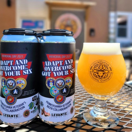Two cans of beer labeled "Adapt and Overcome, Got Your Six" next to a glass of hazy beer on a table.