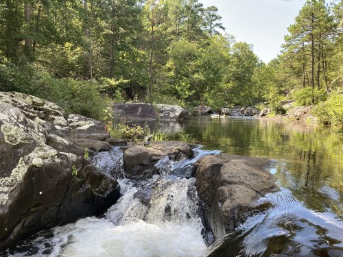 A serene river scene with flowing water over rocks, surrounded by lush green trees and a clear blue sky.