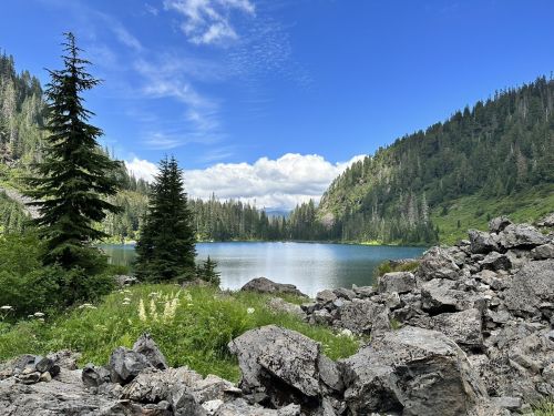 A serene lake surrounded by lush greenery and rocky terrain under a blue sky with scattered clouds.