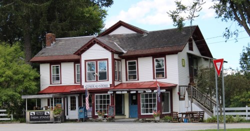 A charming two-story general store with a red roof, surrounded by greenery and featuring a farm stand sign.