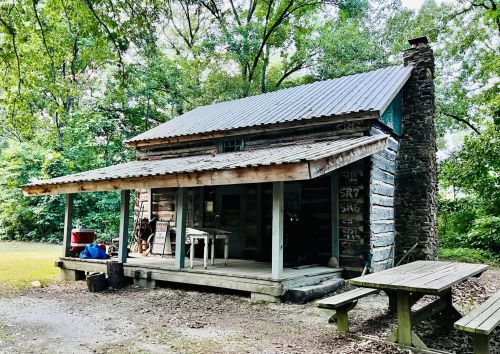 A rustic wooden cabin with a porch, surrounded by trees, featuring a stone chimney and picnic table in front.